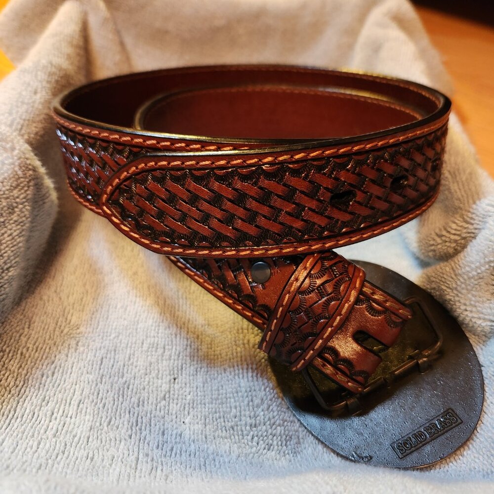 Western Leather Belt sz 38 & Montana Silversmith Brass Buckle Horse - Picture 3 of 6